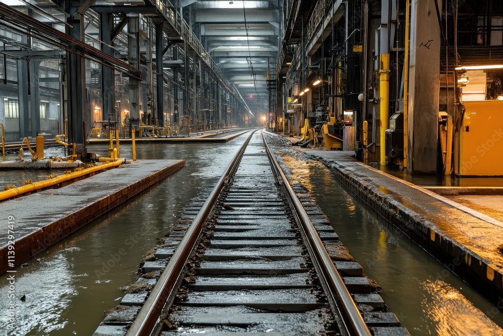 Industrial Warehouse Interior with Railroad Tracks and Water Reflections in an Urban Setting Showcasing a Gloomy Atmosphere and Large Machinery Industrial Warehouse Interior with Railroad Tracks and Water Reflections in an Urban Setting Showcasing a Gloomy Atmosphere and Large Machinery