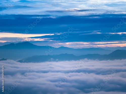 Aiyerweng sea of mist with the mountains during sunrise time in the south of Thailand, Aiyerweng, Betong district, Yala province, Thailand.