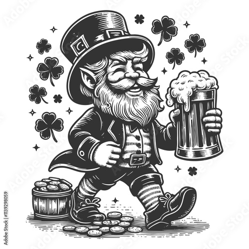 leprechaun holding a frothy beer mug, surrounded by shamrocks and gold coins, symbolizing luck and festivity sketch engraving generative ai vector illustration. Scratch board. Black and white image.