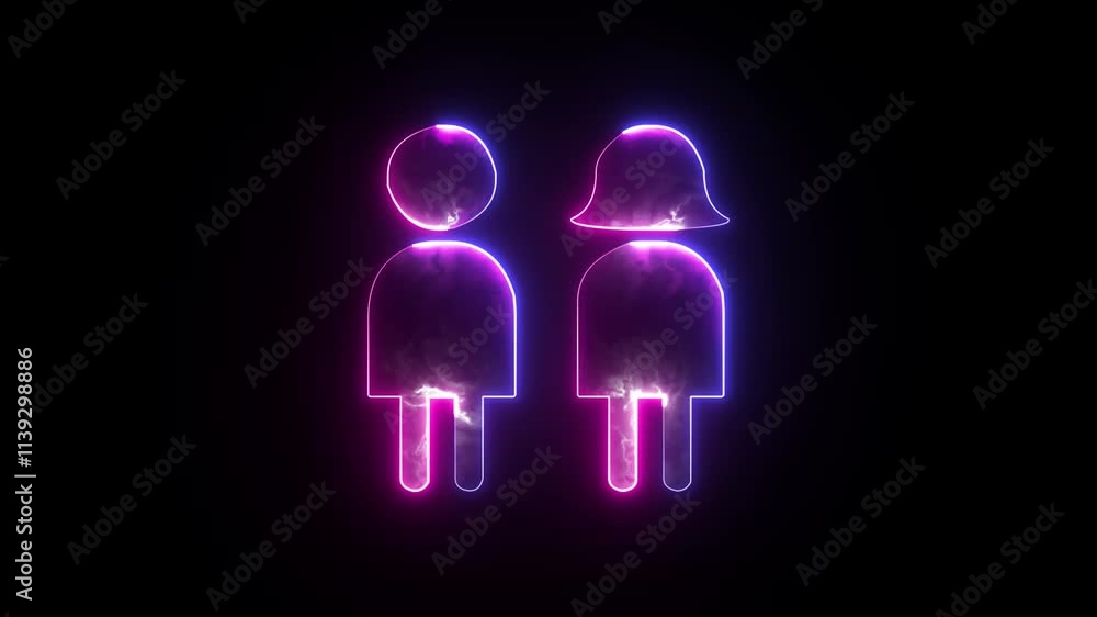 Glowing neon animated male and female silhouette icon. Bright outline wc toilet or restroom sign on a black background Glowing neon animated male and female silhouette icon. Bright outline wc toilet or restroom sign on a black background