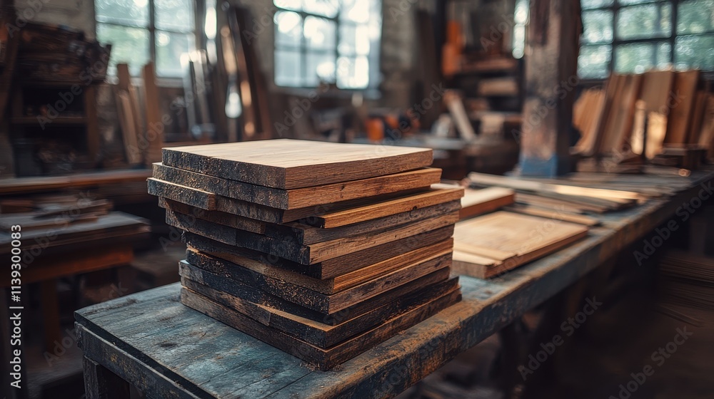 Stacked wood planks in a workshop. Perfect for woodworking, carpentry, or DIY projects. Stacked wood planks in a workshop. Perfect for woodworking, carpentry, or DIY projects.