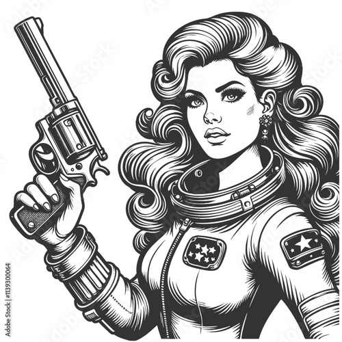 spacewoman in a vintage spacesuit, holding a revolver, with voluminous hair and a bold expression sketch engraving generative ai vector illustration. Scratch board imitation. Black and white image.