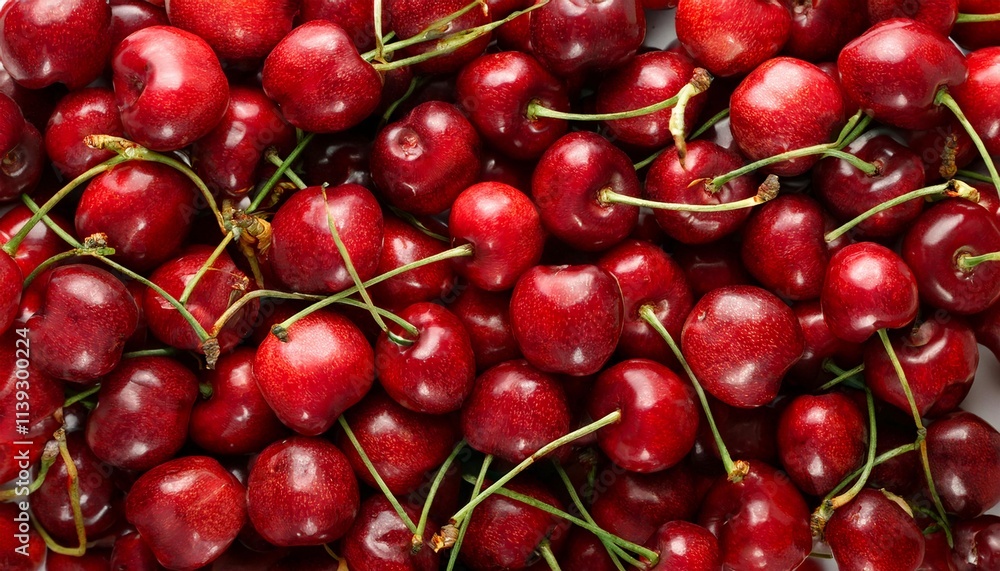 Flat Lay Top View of Bright Ripe Fragrant Red Cherry Fruit as Background Flat Lay Top View of Bright Ripe Fragrant Red Cherry Fruit as Background