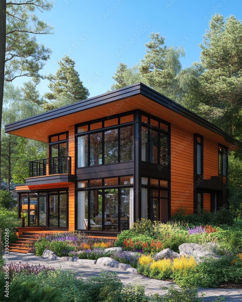 Modern Orange Wooden House in a Lush Green Forest Setting: Architectural Design and Landscaping Modern Orange Wooden House in a Lush Green Forest Setting: Architectural Design and Landscaping
