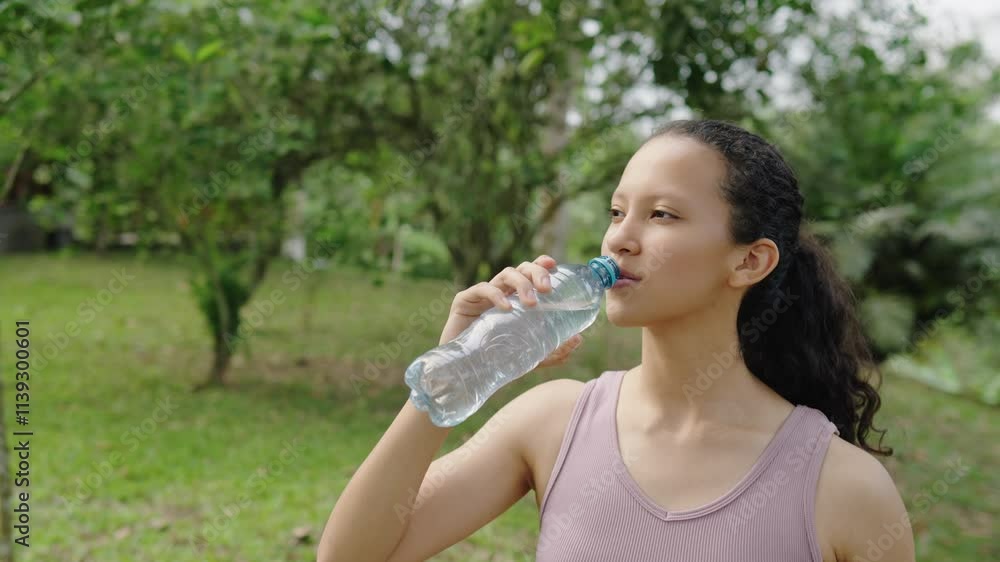 A young woman in sportswear calmly drinks water from a bottle while standing in a natural environment, then looks at the camera, in slow motion A young woman in sportswear calmly drinks water from a bottle while standing in a natural environment, then looks at the camera, in slow motion