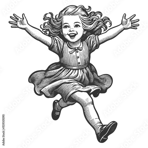 joyful little girl running with open arms, smiling and carefree, capturing the essence of childhood happiness and innocence sketch engraving generative ai vector illustration. Black and white image.