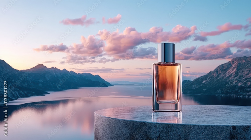 Captivating perfume bottle at sunset over serene lake nature landscape artistic photography Captivating perfume bottle at sunset over serene lake nature landscape artistic photography
