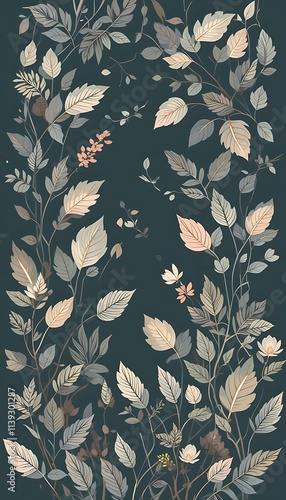 Abstract hand-drawn leaves and vines in muted, pastel shades