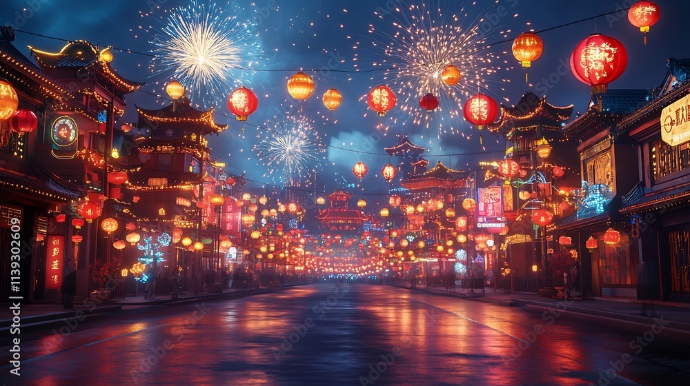 Vibrant Chinese New Year With Stunning Lanterns and Fireworks in Futuristic City Vibrant Chinese New Year With Stunning Lanterns and Fireworks in Futuristic City