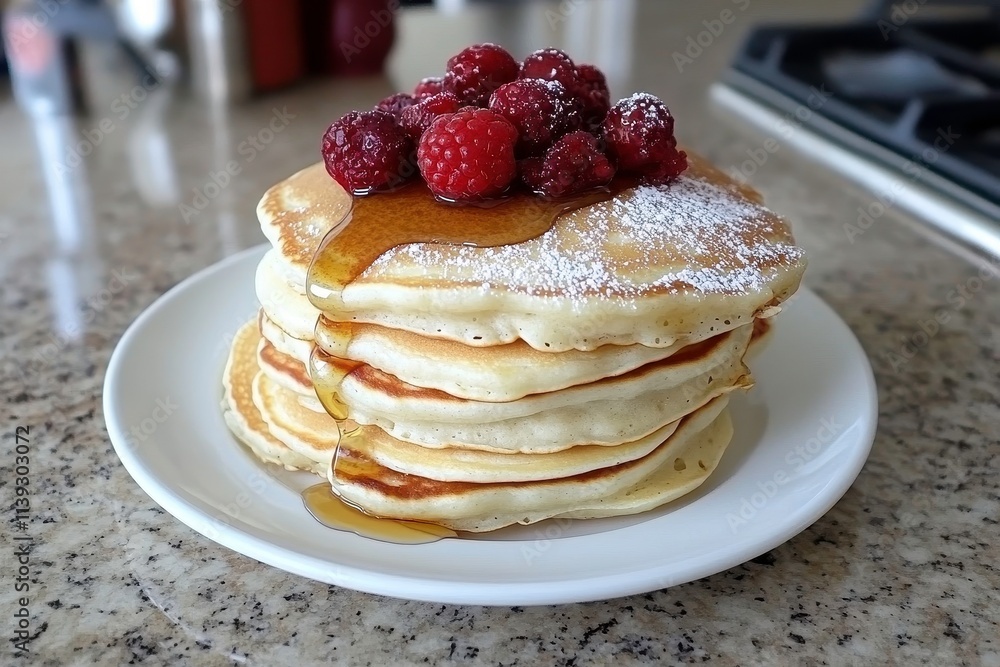 Stack of fluffy pancakes topped with fresh raspberries and drizzled with syrup on a plate, perfect for breakfast or brunch, showcasing deliciousness and comfort food.