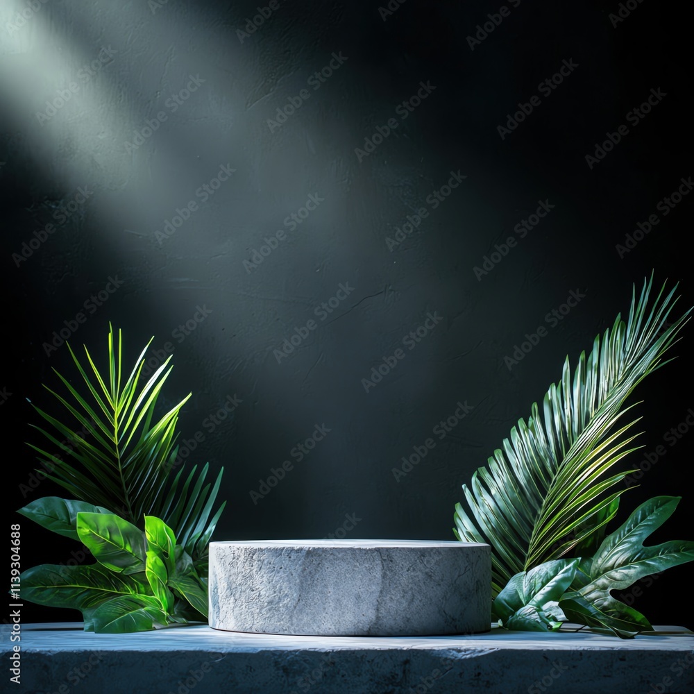 Elegant Display Podium Surrounded by Lush Tropical Greenery Elegant Display Podium Surrounded by Lush Tropical Greenery