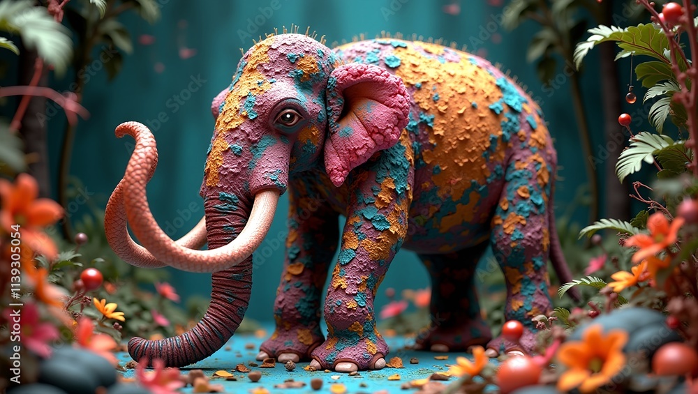 Obraz premium 3D render of a mammoth neural jungle made entirely of colorful and vibrant dry paint chips, ripped colorful fabric