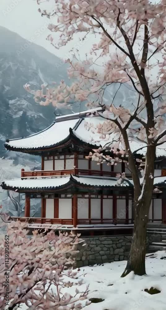 a breathtaking winter scene in a mountainous region, combining the serenity of nature with traditional architecture a breathtaking winter scene in a mountainous region, combining the serenity of nature with traditional architecture