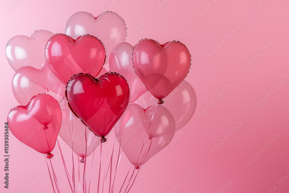 Pink transparent inflatable balloons in the shape of a heart on a pink background. Cute romantic decor for valentine's day, wedding, birthday. Copyspace for your text. Pink transparent inflatable balloons in the shape of a heart on a pink background. Cute romantic decor for valentine's day, wedding, birthday. Copyspace for your text.
