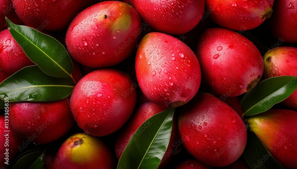 Obraz premium Flat Lay Top View of Bright Ripe Fragrant Red Manggo Fruit as Background