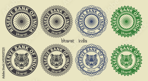 Vector graphic set of financial fictional Indian seals. Collection of round icons with round pattern, head of tiger, inscription reserve bank of India. Emblems or badges.