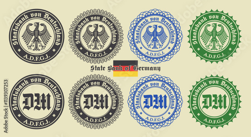 Vector graphic set of financial fictional seals. Collection of round icons with imperial eagle and letters DM, inscription in German means State bank of Germany. Collection emblems or badges.
