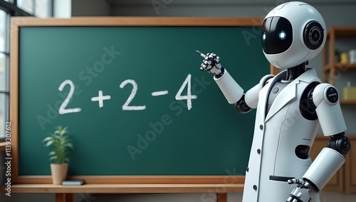 A photo of a robot writing on a chalkboard. The chalkboard has the equation 