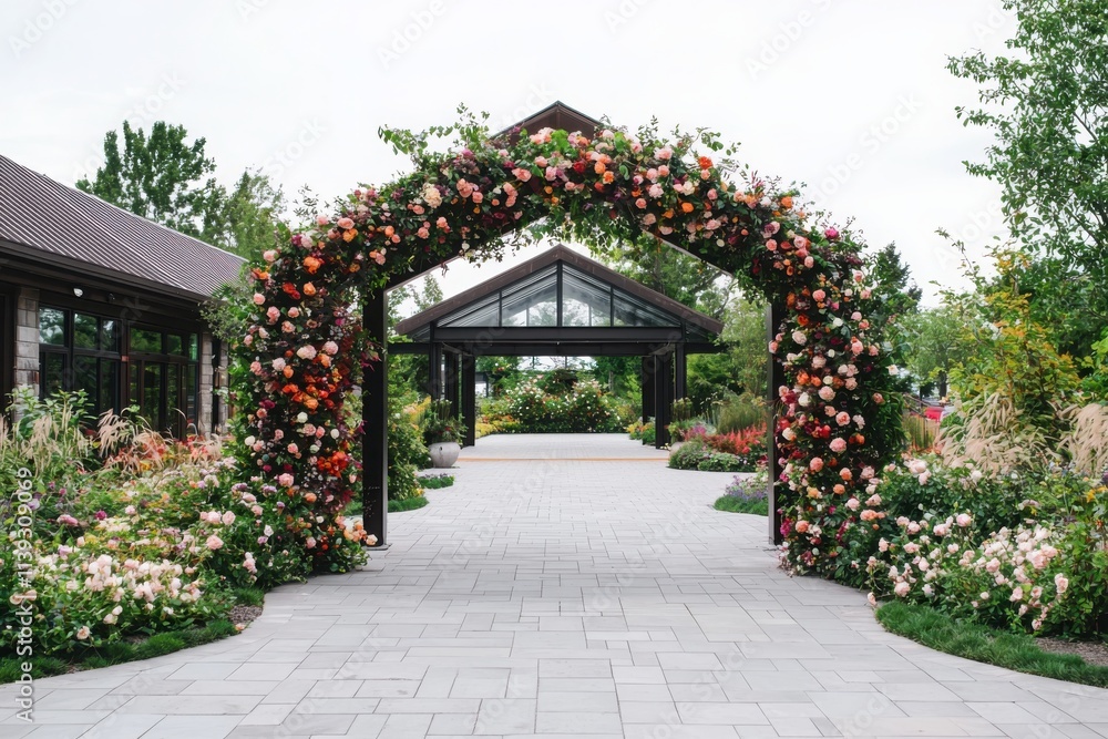 Dynamic shot of a colorful flower archway leading into a garden venue outdoor setting captivating viewpoint for event planning Dynamic shot of a colorful flower archway leading into a garden venue outdoor setting captivating viewpoint for event planning