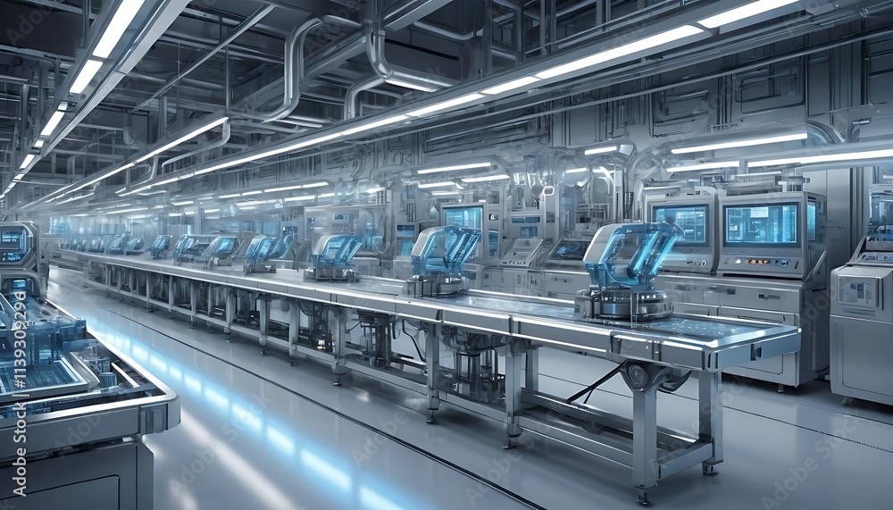Naklejka premium Futuristic Automated Factory Assembly Line with Robotic Arms and Advanced Technology