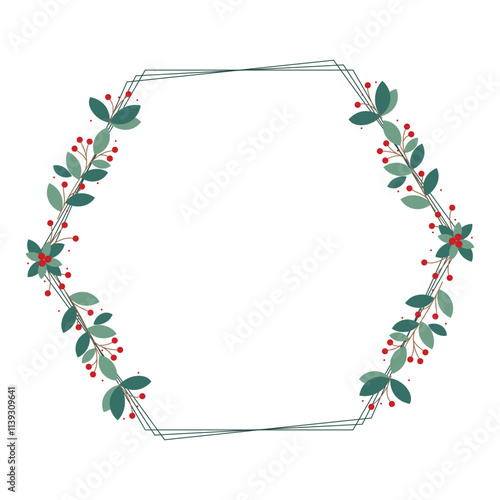 Hexagonal Wreath Or Frame With Red Cherry Berries And Green Leaves