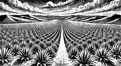 wide agave field, showing neat rows of spiky agave plants receding into the distance engraving black and white outline