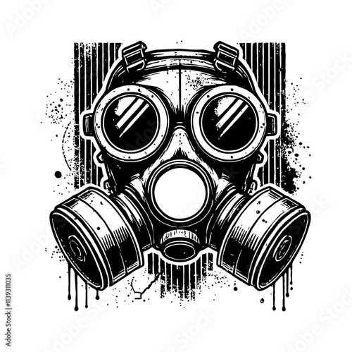 gas mask engraving black and white outline