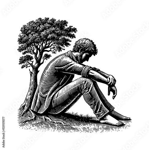 person seated alone, in a contemplative sad pose, side view, engraving black and white outline