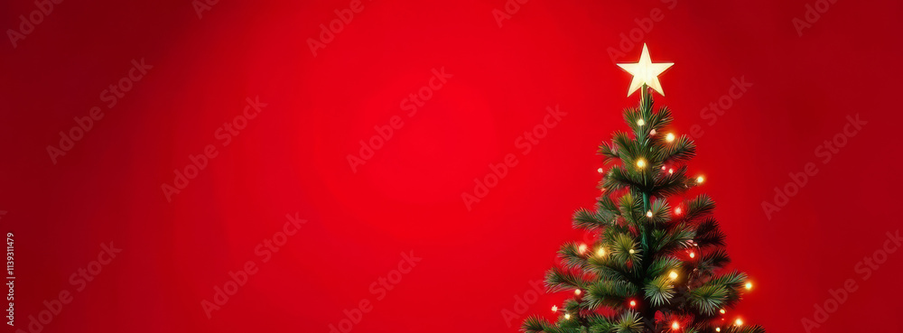 Beautifully decorated Christmas tree on red background. Warm and festive ambiance perfect for holiday greeting cards, seasonal designs or Christmas promotions, banner with copy space Beautifully decorated Christmas tree on red background. Warm and festive ambiance perfect for holiday greeting cards, seasonal designs or Christmas promotions, banner with copy space