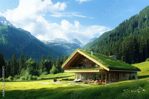 Stunning Green Roof House nestled in Alpine Mountains: Breathtaking View of Majestic Peaks and Lush Greenery