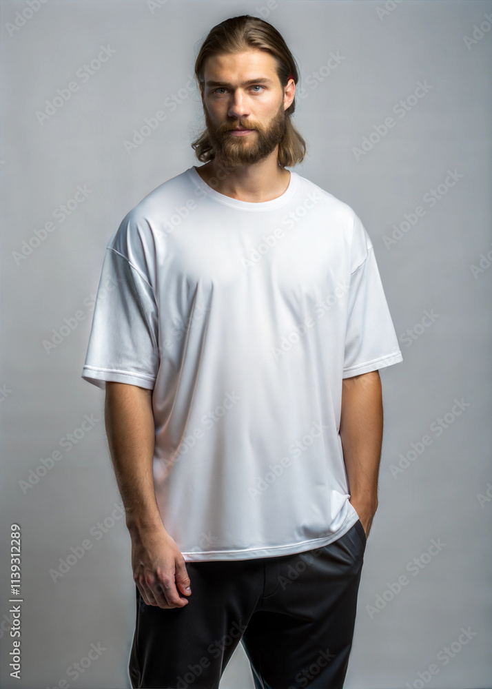 medium length hair male beard model blank white oversize t-shirt mock up white label clean background medium length hair male beard model blank white oversize t-shirt mock up white label clean background
