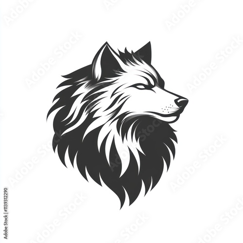 Monochrome wolf head illustration, profile view.