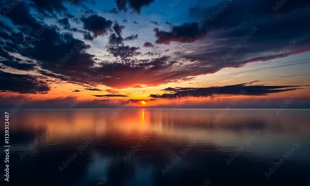 Fiery Sunset Over Calm Ocean Waters, Reflected in Rippling Surface
