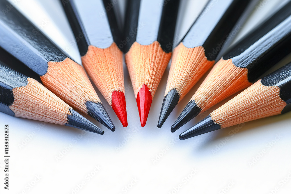 one red pencil and ten black ones laid out in a semicircle one red pencil and ten black ones laid out in a semicircle