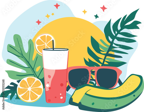 cocktail with a hat and sunglasses.  summer vector art