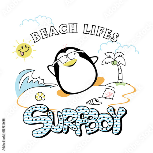 Adorable penguin vector illustration happily playing on the beach during summer photo