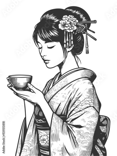 geisha in a floral-patterned kimono, holding a tea cup with grace and serenity sketch engraving generative ai fictional character vector illustration. Scratch board imitation. Black and white image.