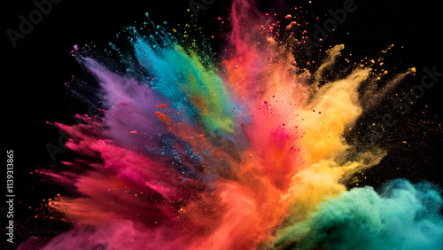 Close up abstract colorful of powder coat explotion, dispersion on black background. Generative AI.
