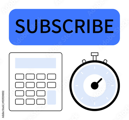 Large blue Subscribe button calculator stopwatch. Ideal for time management, productivity, subscriptions, financial planning, reminders, efficiency, scheduling. Line metaphor