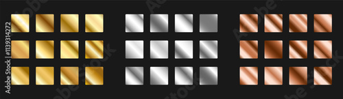 Gold, aluminium, copper template metal background set. Glossy design for frames, banners, ribbons and labels. Vector illustration on black backdrop
