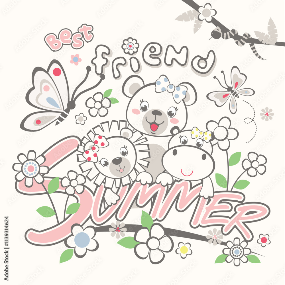 Adorable animals vector illustration playing joyfully with good friends under the summer sun, Adorable animals vector illustration playing joyfully with good friends under the summer sun,