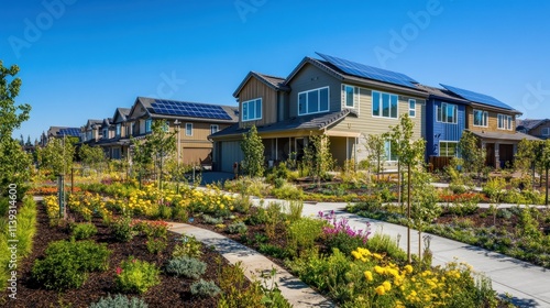 A vibrant image of a community solar garden where multiple homes share solar energy systems showcasing the collaborative approach to renewable energy access photo