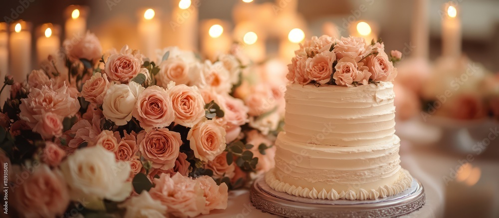 Elegant two-tiered wedding cake adorned with peach roses, surrounded by candles and a bouquet of roses. Elegant two-tiered wedding cake adorned with peach roses, surrounded by candles and a bouquet of roses.