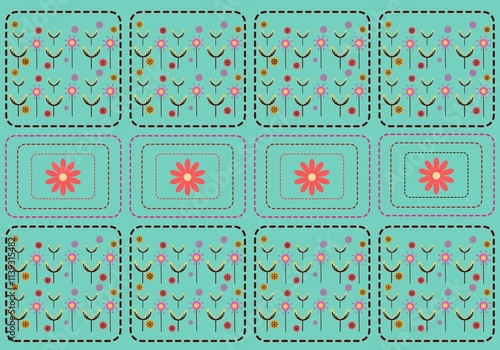 Retro Floral Grid : bright turquoise background contrasts with vibrant red, yellow, and pink flowers, giving it a retro and whimsical feel. ideal for textiles,  wallpapers, and digital project

