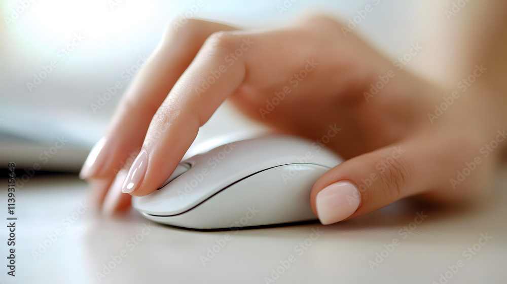 A close-up of a woman�s hand interacting with a computer mouse. A close-up of a woman�s hand interacting with a computer mouse.