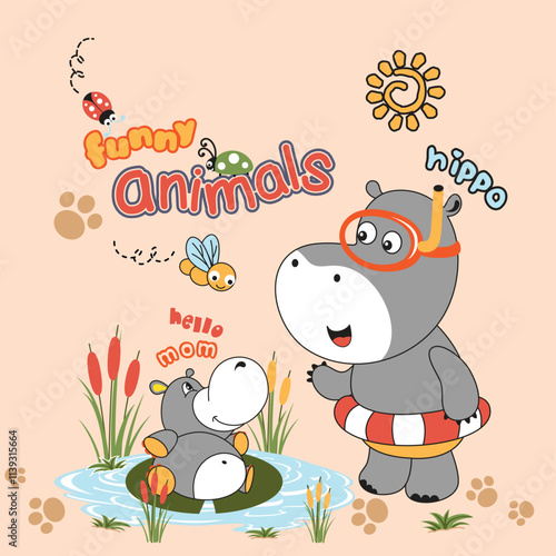 Cute hippo vector illustration diving in the water. Playful underwater adventure.