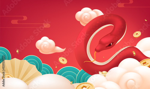 Spring Festival background design red snake dish in the cloud with red lanterns and gold coins