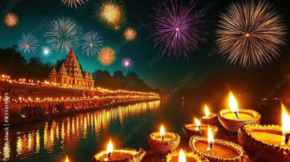 Fototapeta premium A festive Diwali riverside temple glowing with rows of oil lamps and golden lanterns, as families offer prayers while colorful fireworks explode across the dark sky, reflecting beautifully on