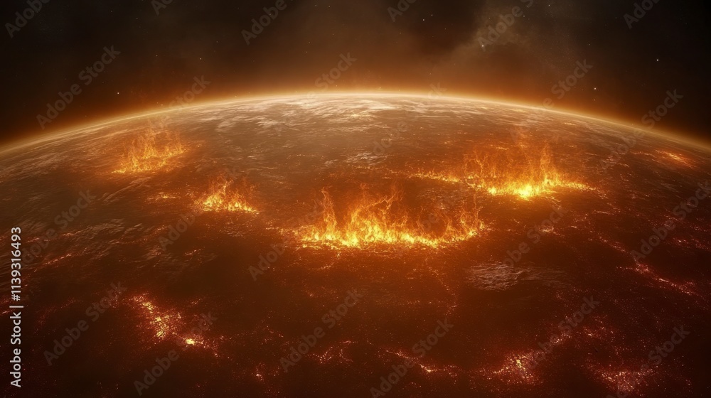 Obraz premium Burning Planet Surface, Fiery Catastrophe, Space View