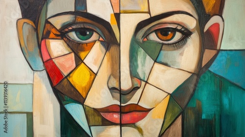 Smiling Woman Cubist Portrait, Abstract Art, Modern Artwork
